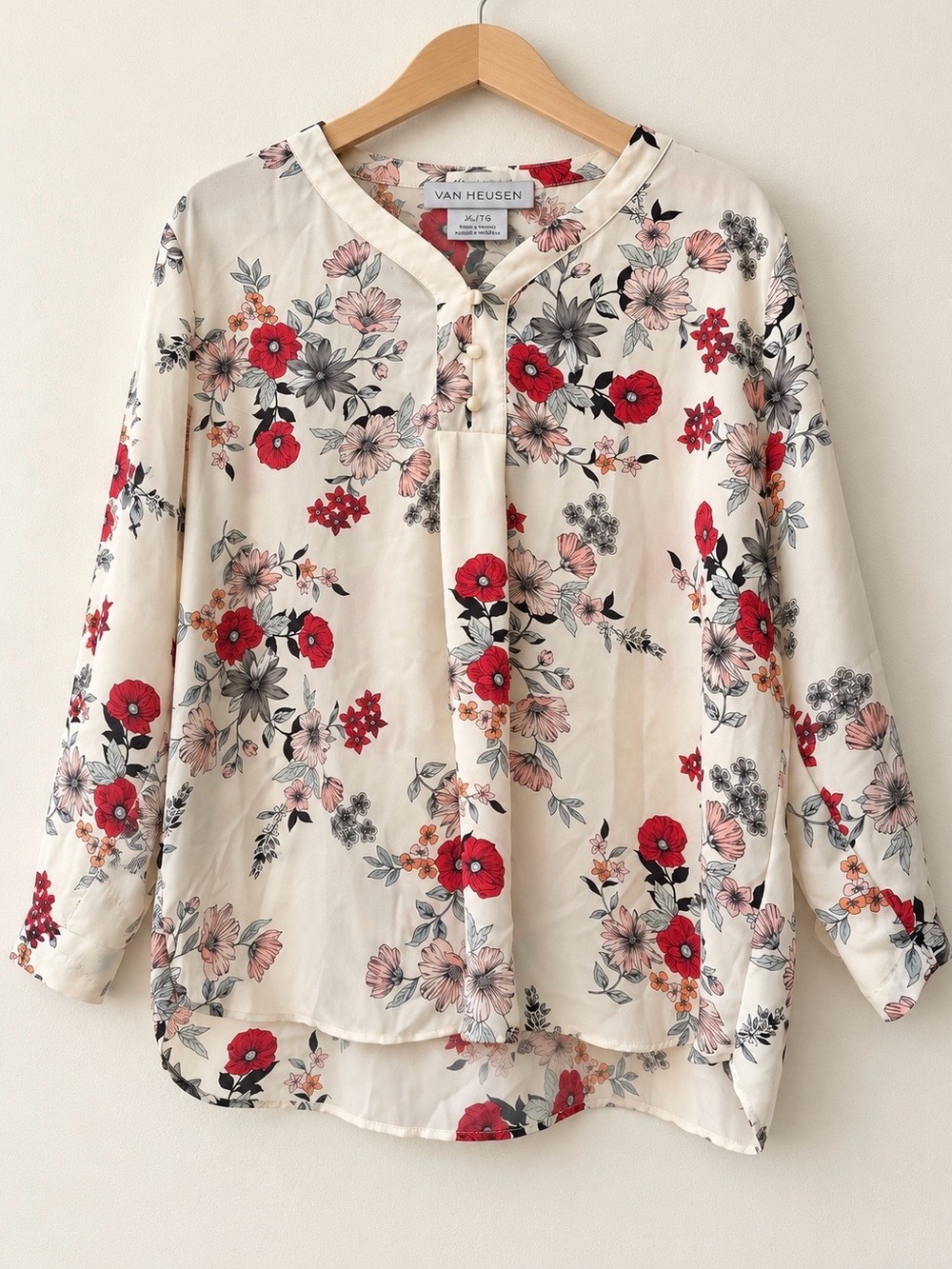 Van Heusen Cream Floral Blouse with Red Accents